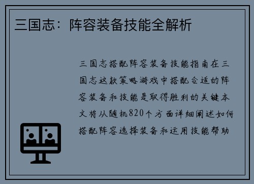三国志：阵容装备技能全解析