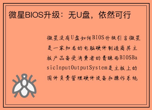微星BIOS升级：无U盘，依然可行