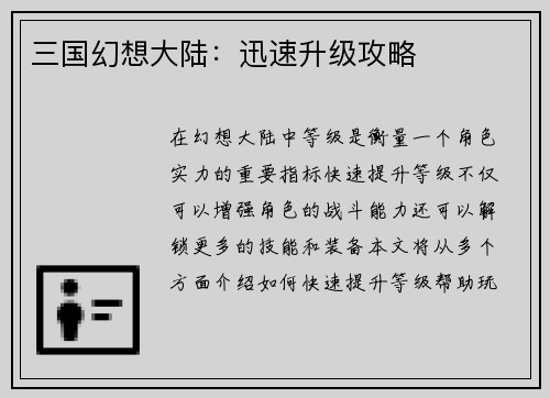 三国幻想大陆：迅速升级攻略
