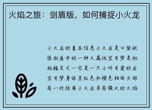 火焰之旅：剑盾版，如何捕捉小火龙