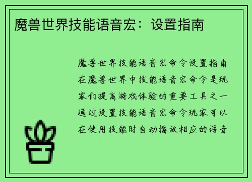 魔兽世界技能语音宏：设置指南